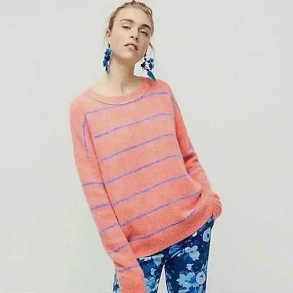 J. Crew Alpaca Merino Wool Pink Blue Striped Sweater Black Label Barbiecore XS - Picture 1 of 11